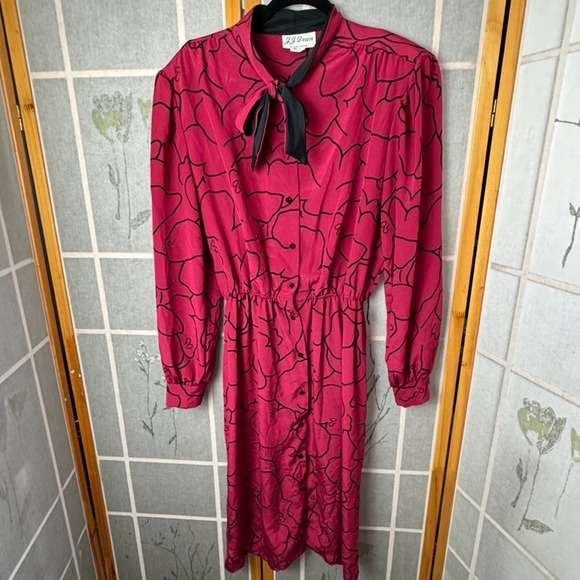 J.J. Dean Dresses & Skirts - J.J. Dean of California Vintage 80s Pink Black Abstract Floral Bow Midi Dress 16